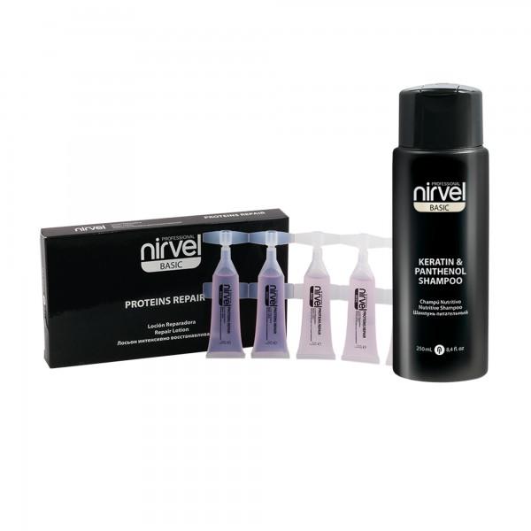 Nirvel Basic Pack Reparador Nutritivo Locion Reparadora Con Proteina De Trigo Proteins Repair Champu Keratin + Panthenol 250 Ml. Y Locion Nutritiva 10 X 10 Ml. Ref. 6618